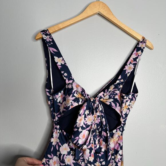 Lulus Women's Admirable Charmer Navy Blue Floral Satin Tie-Back Midi Dress S‎ - Picture 8 of 15